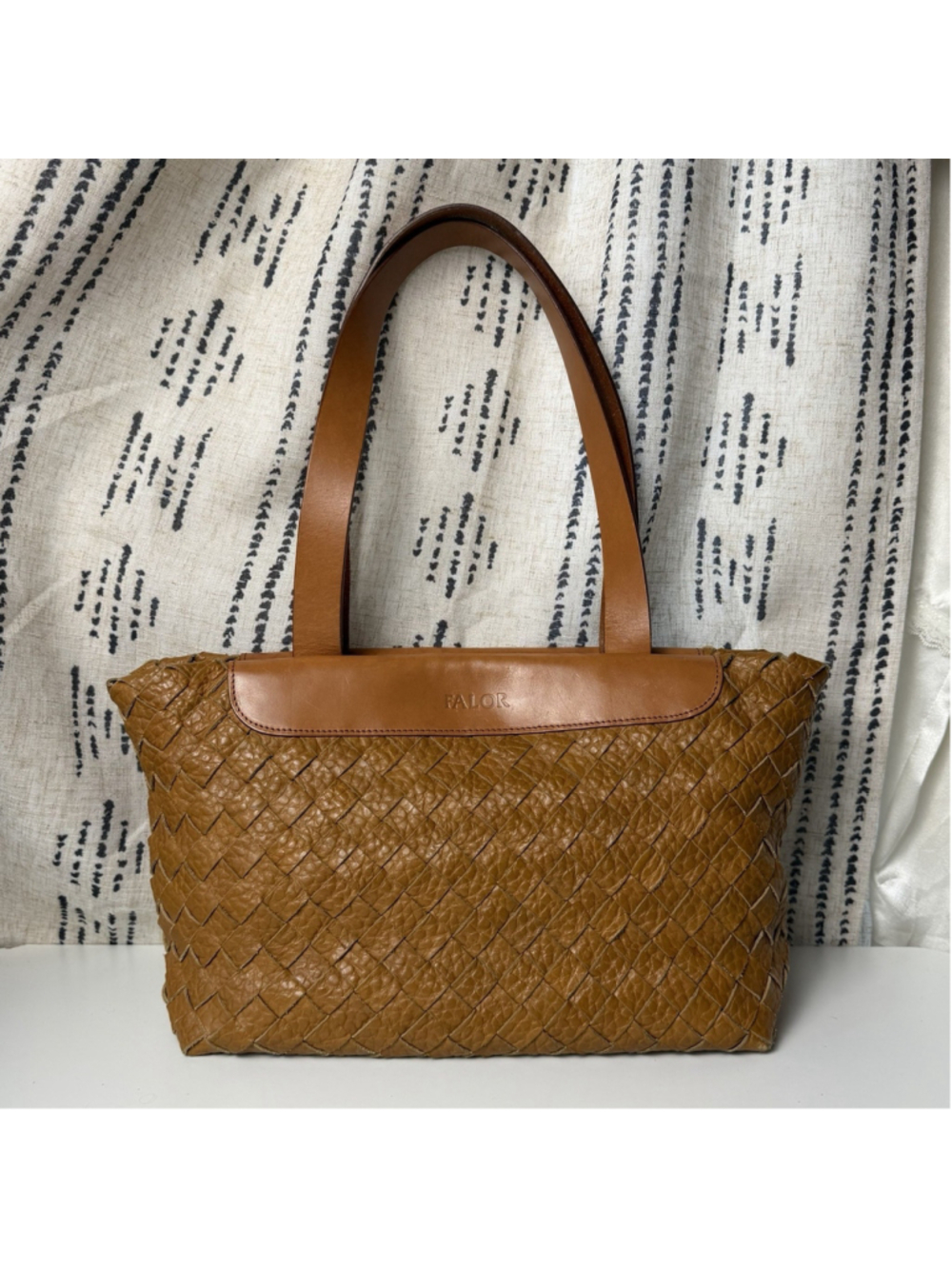 FALOR Firenze Italian Leather Hand Woven Tote Bag Purse Tan Cognac Intrecciato